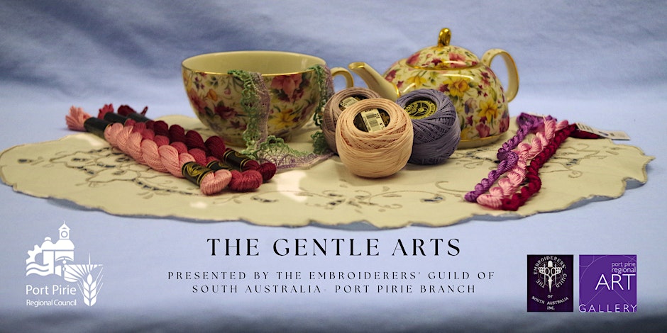 graphic banner of The Gentle Arts exhibition with reels of cotton, a teapot and teacup