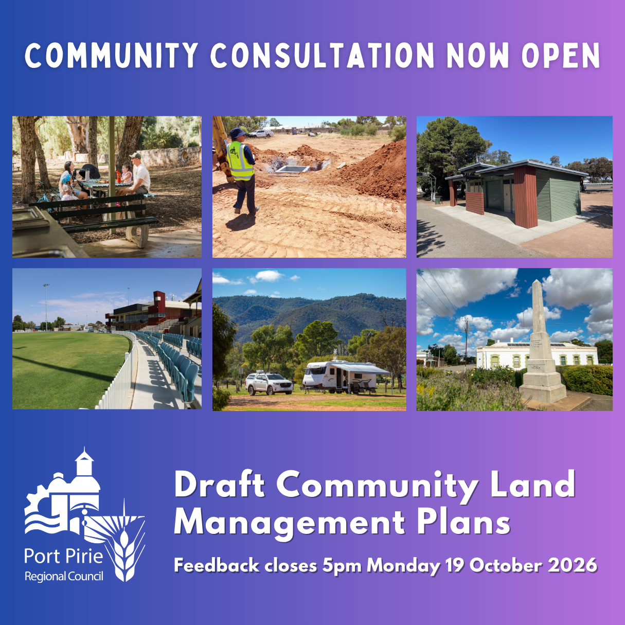 purple blue background with various images of community land