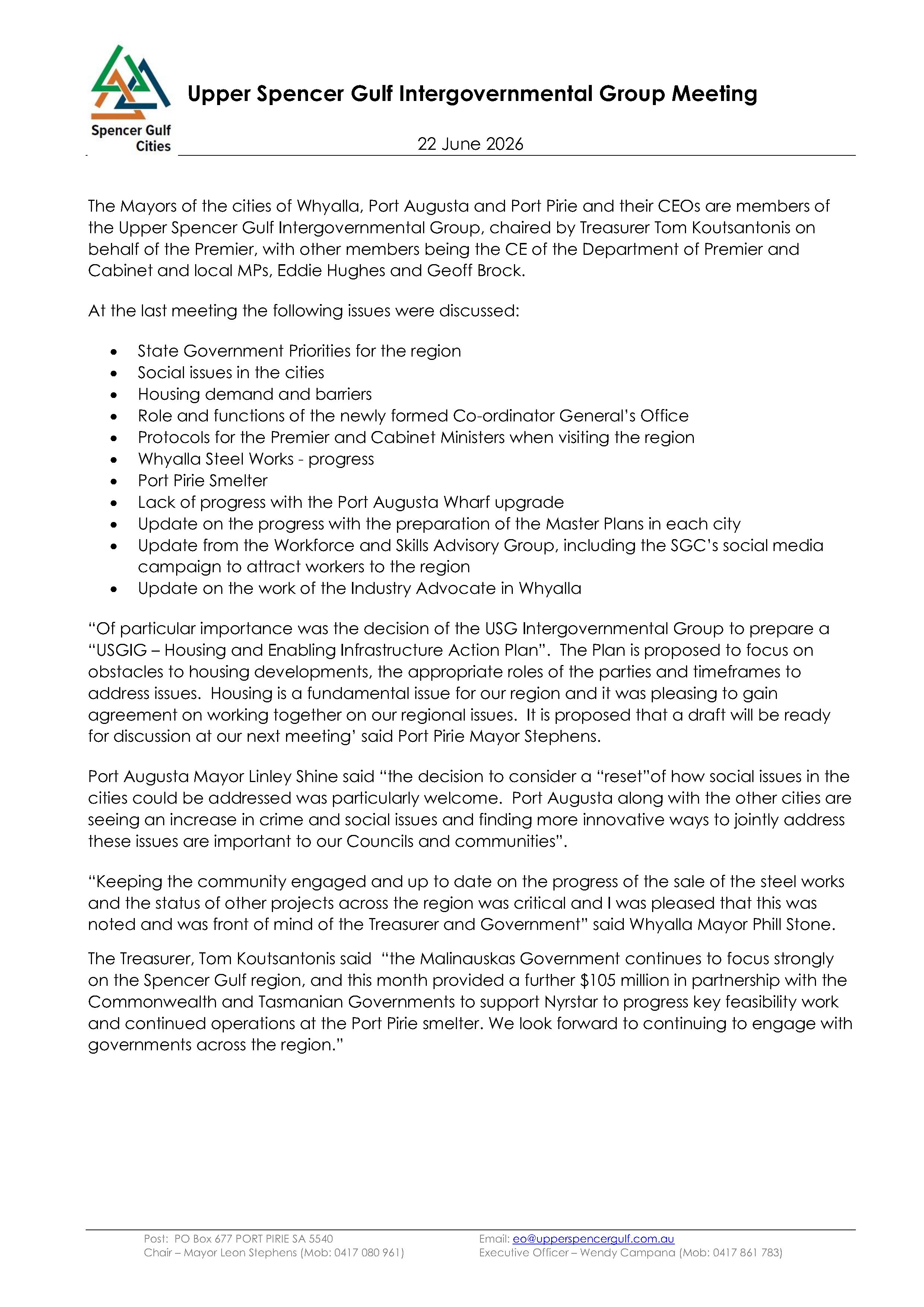 media release for SGC