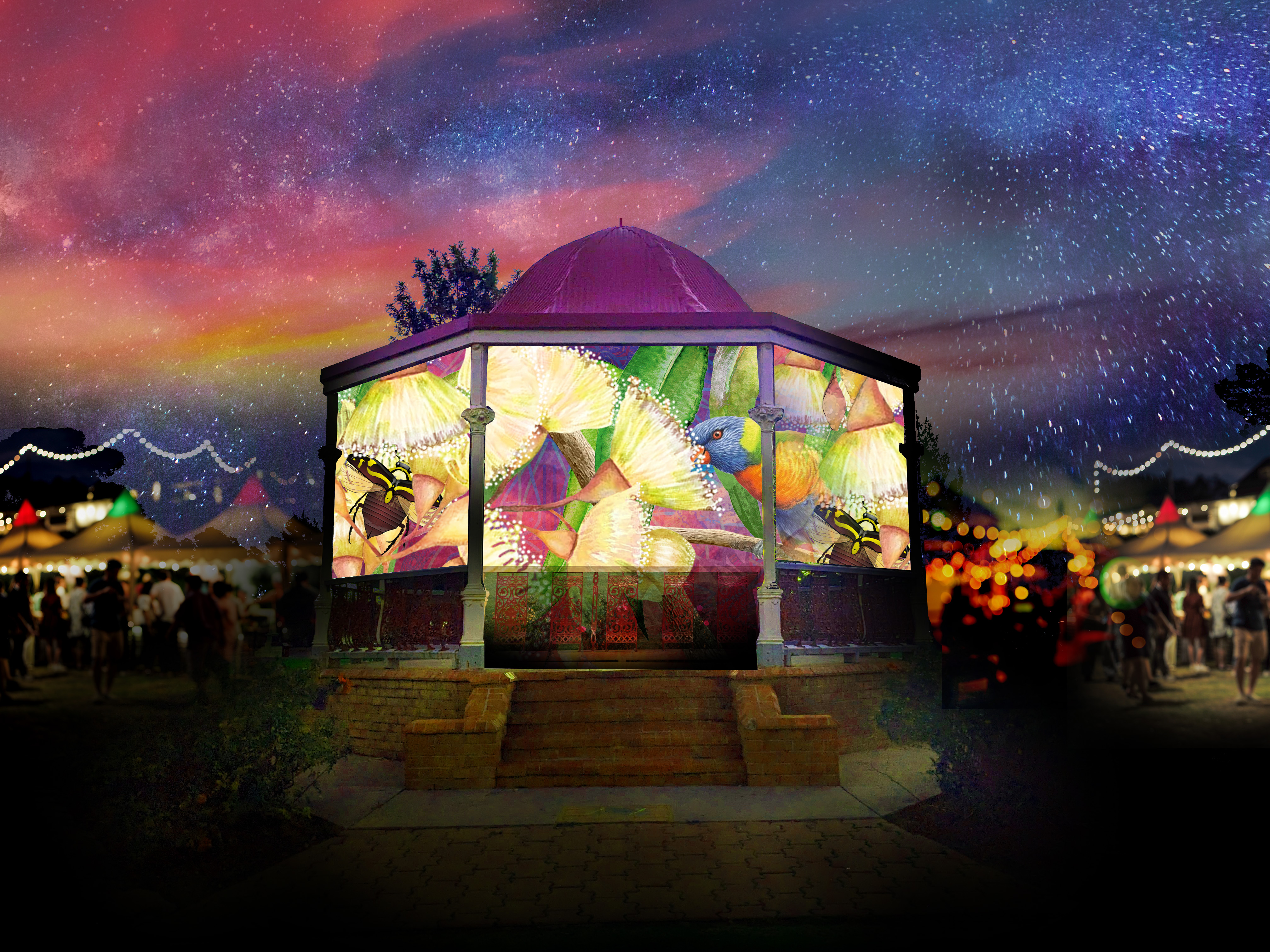 artist's impression of memorial park rotunda with digital illumination of wattles