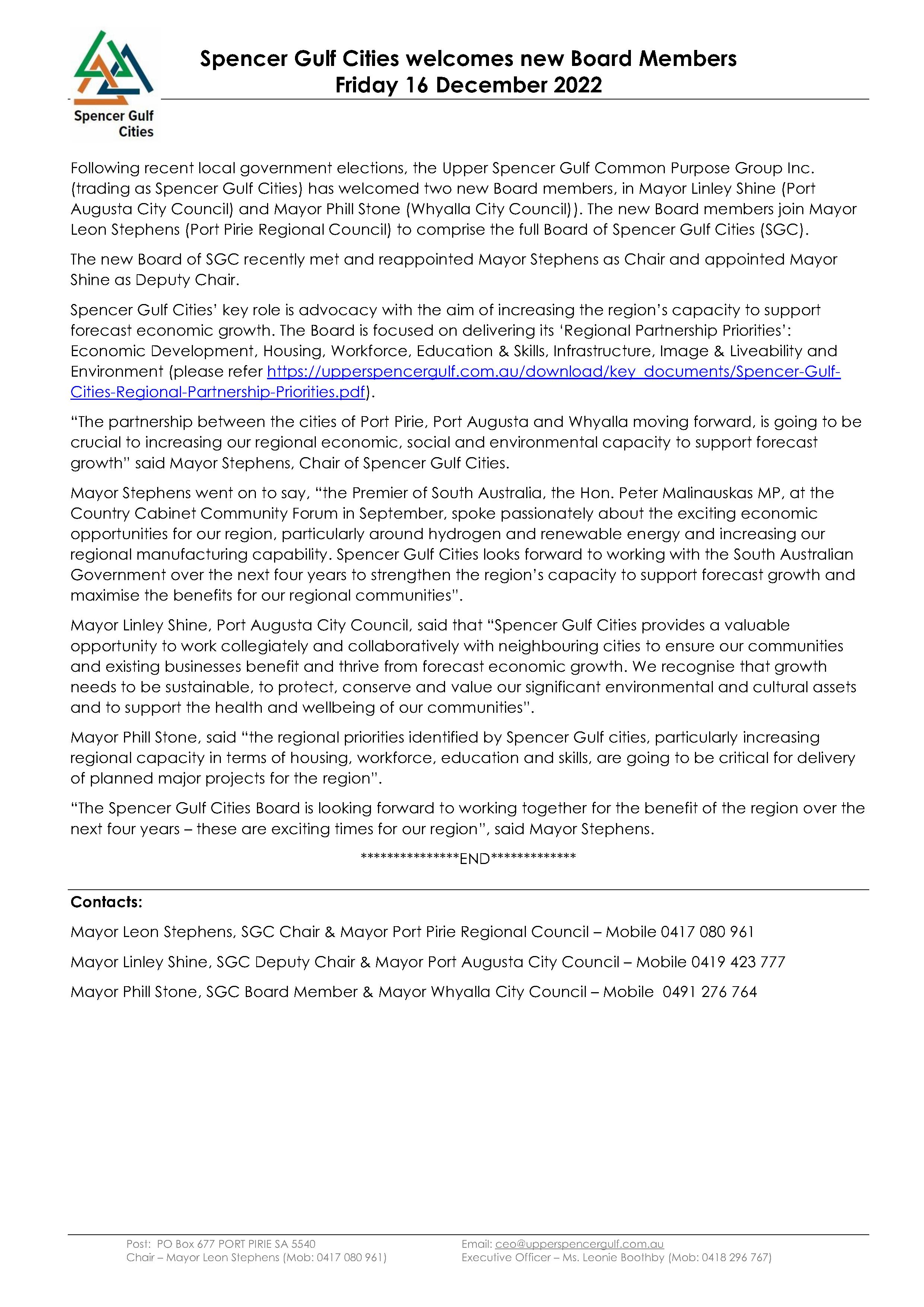 spencer gulf cities media release in its entirety