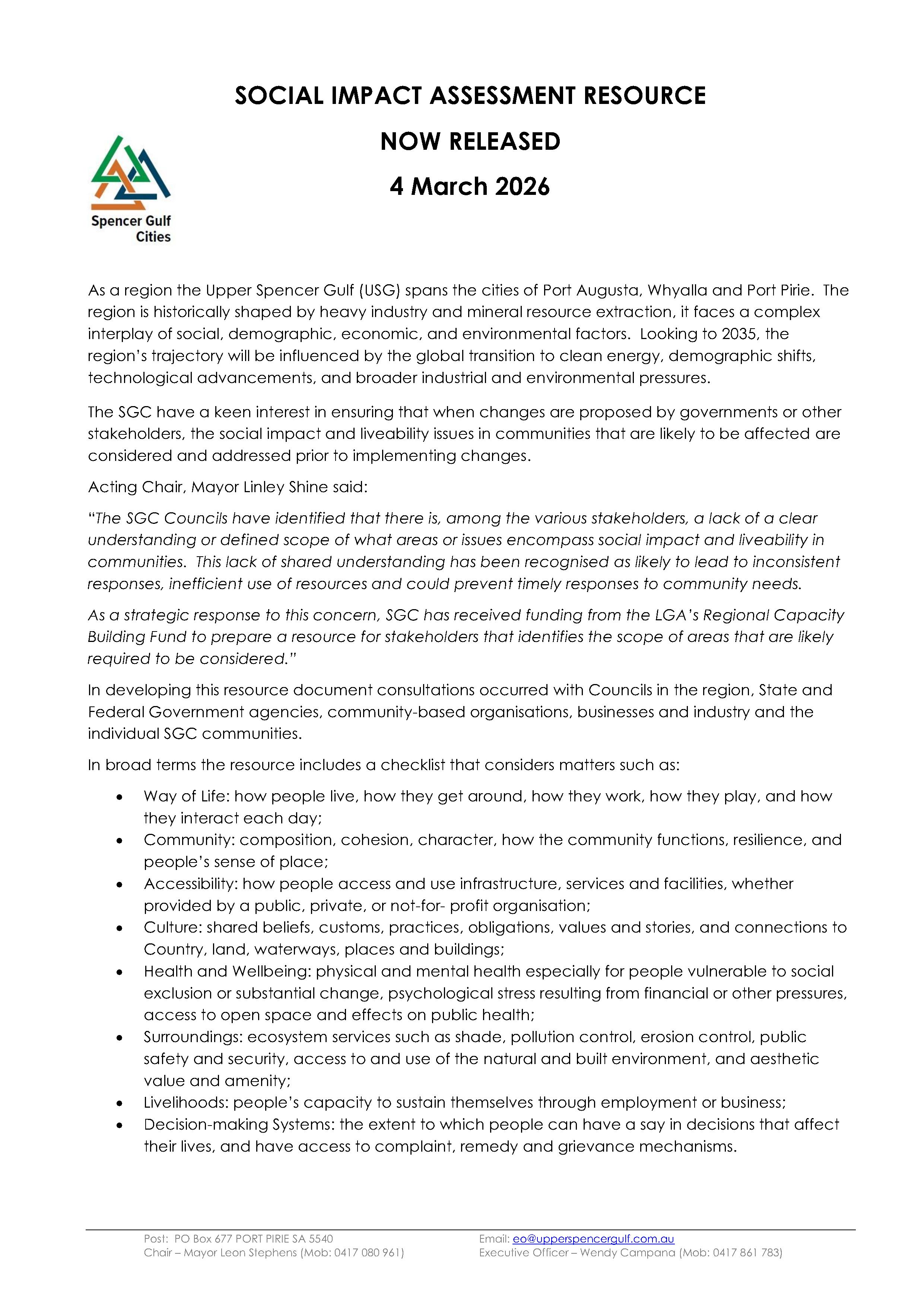 page 1 of SGC media release for social impact