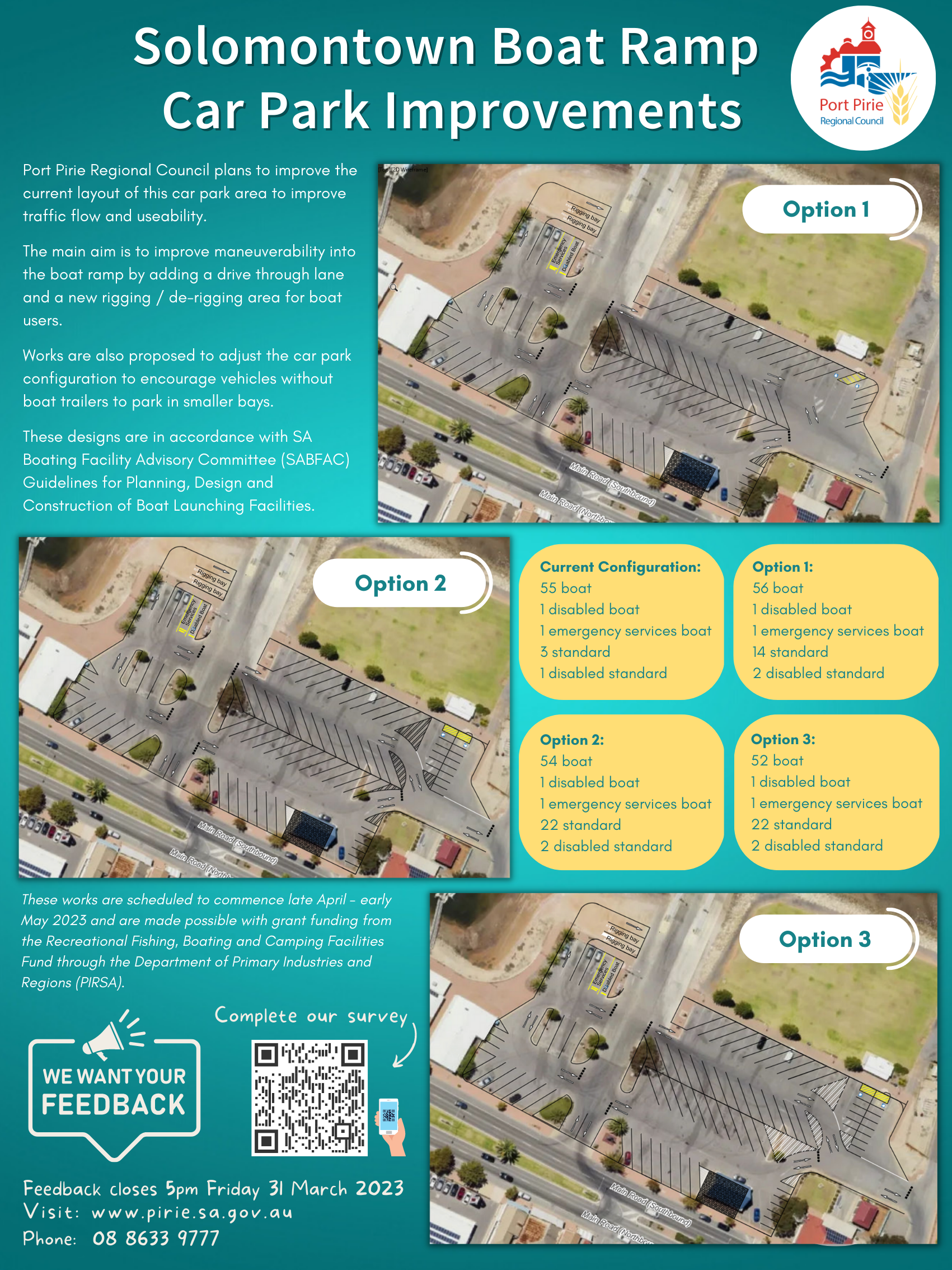 Designs options for Solomontown Boat Ramp Car Park