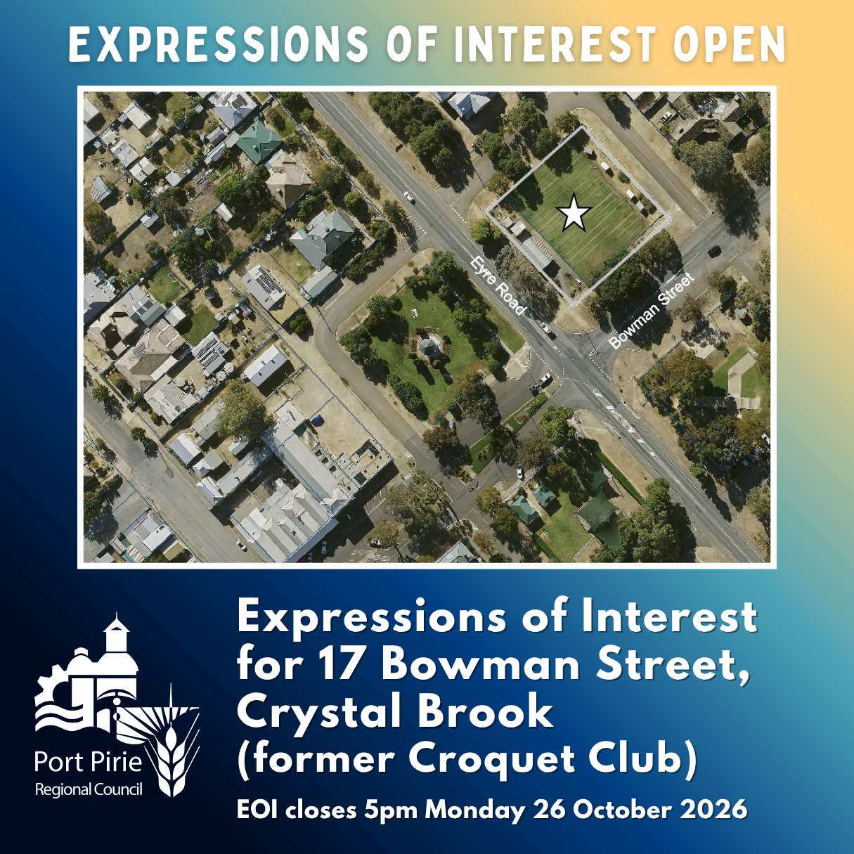 blue and yellow social media tile with aerial image of site of former croquet club