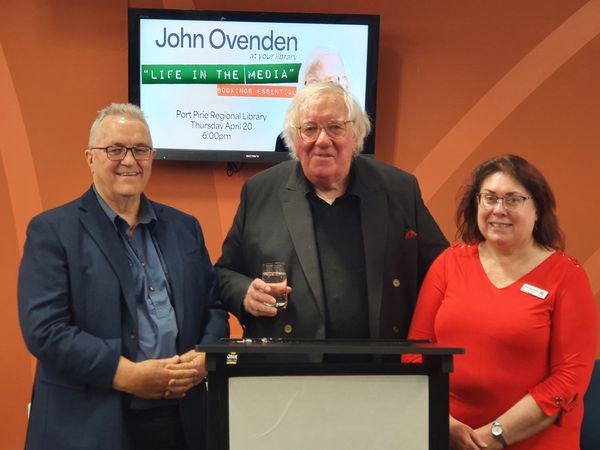 The late Greg Mayfield pictured with media veteran John Ovenden and Port Pirie Library Services Coordinator Charmaine Burton