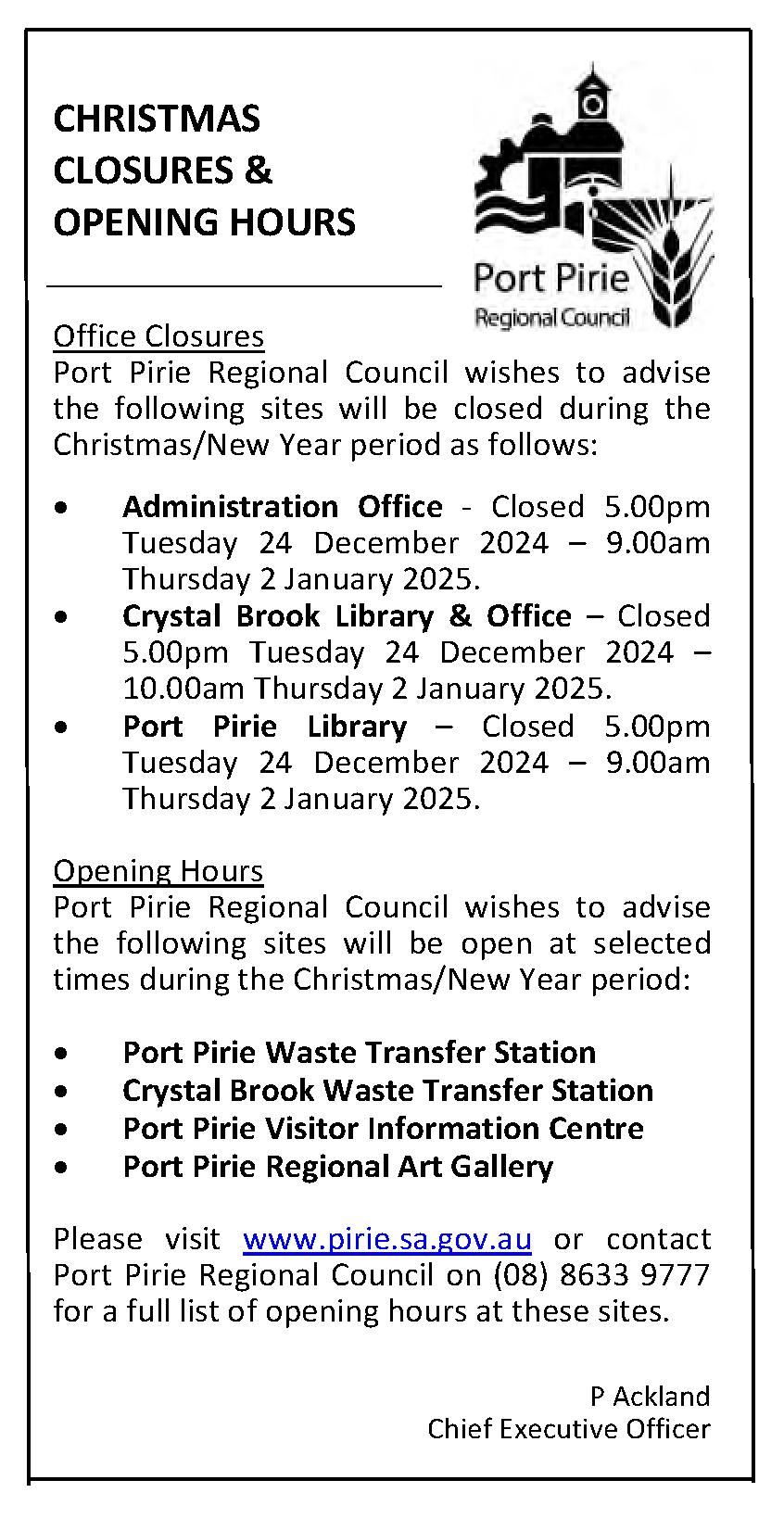 Public Notice featuring Port Pirie Regional Council office closures and opening hours over Christmas period 2024
