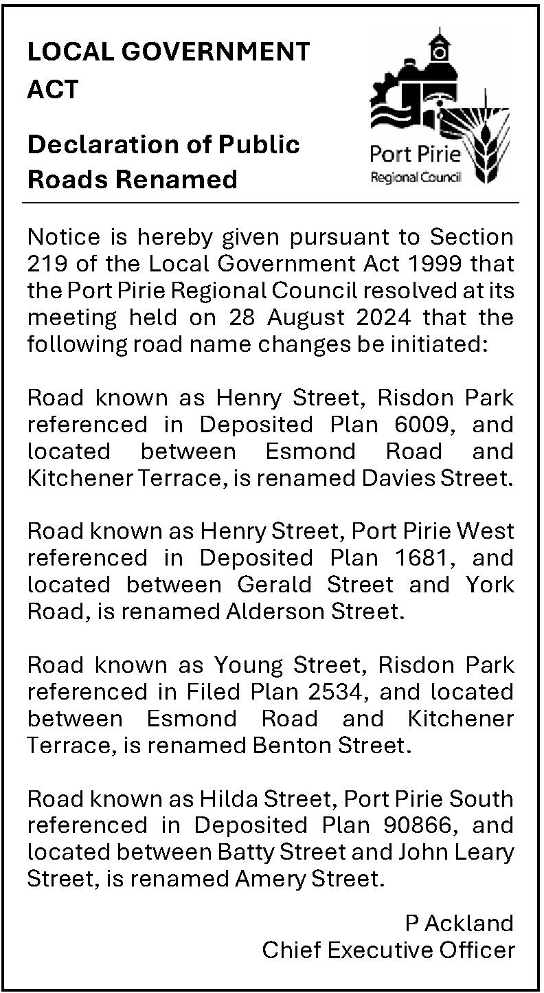 public notice declaration of roads renamed
