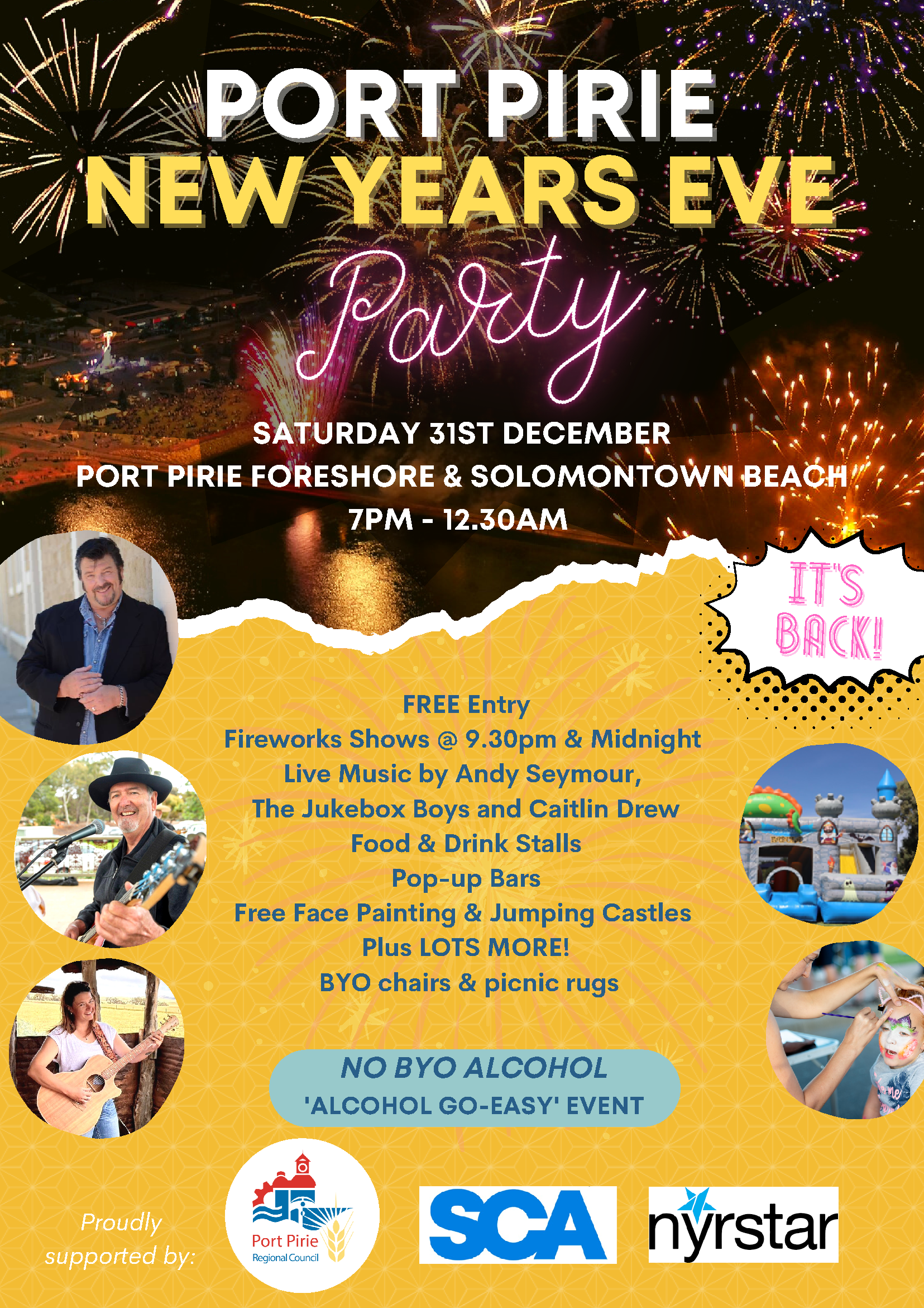 new years eve flyer with fireworks graphics and a description of the activities on offer