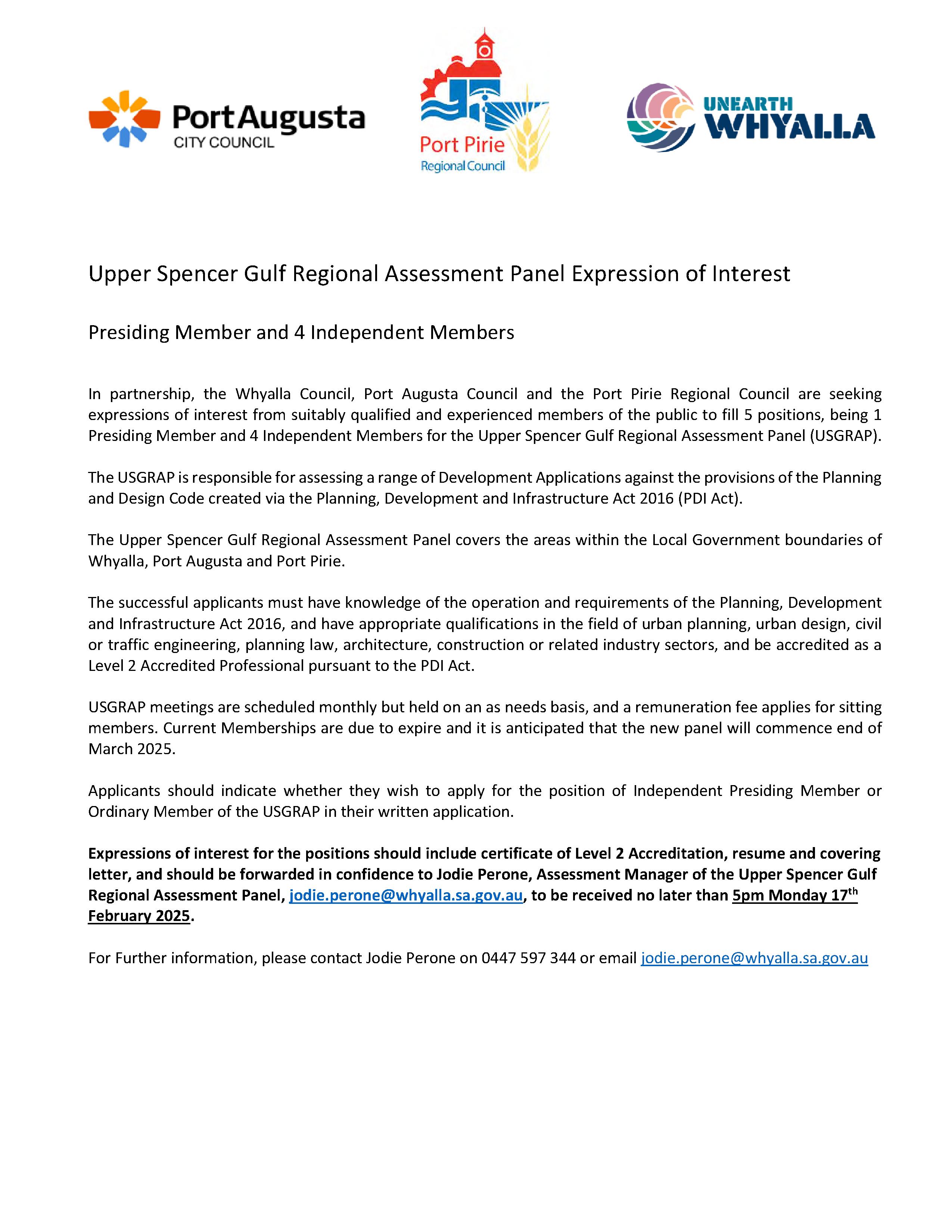 Media release seeking expressions of interest from community members for the Upper Spencer Gulf Regional Assessment Panel