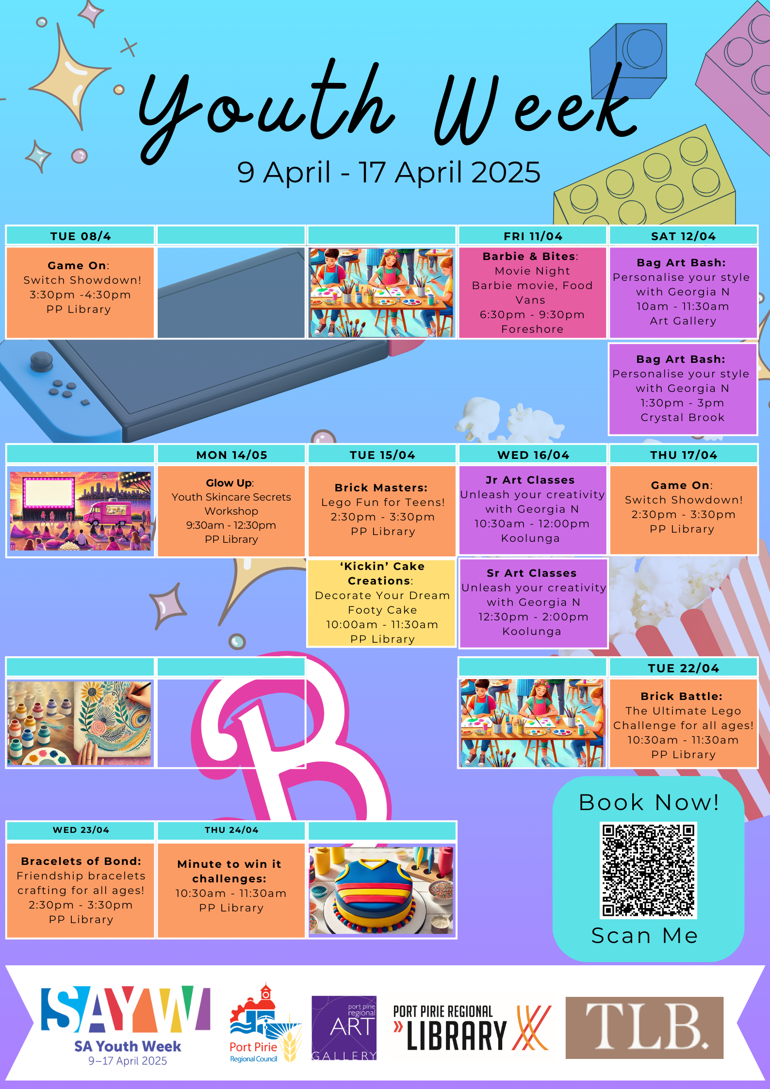 colourful calendar with a barbie symbol and photos of art classes