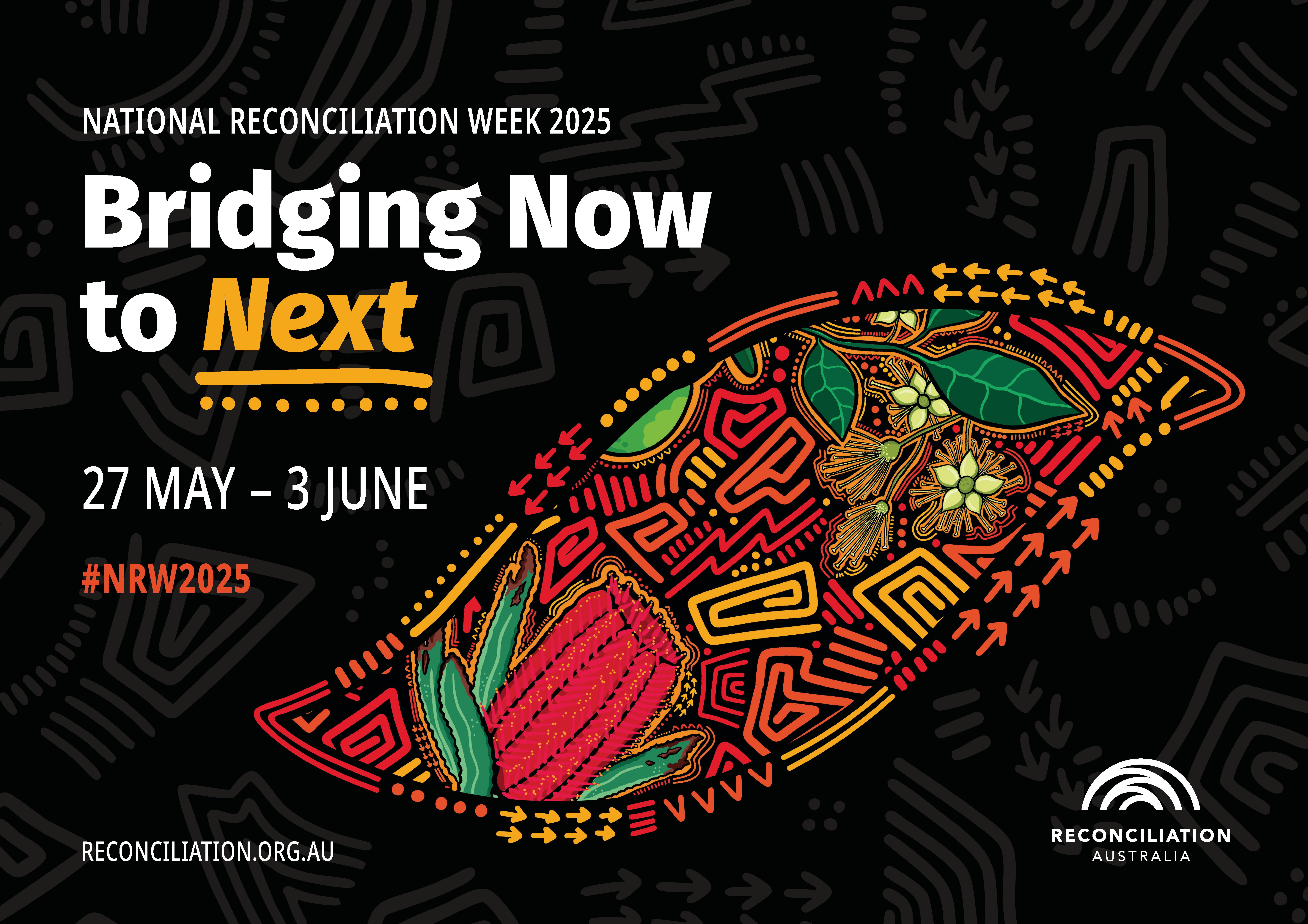 black background with reconciliation week illustration and details