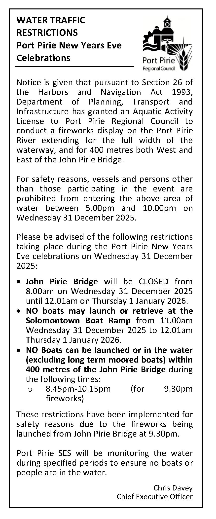 Public Notice - Water Restrictions NYE 2025
