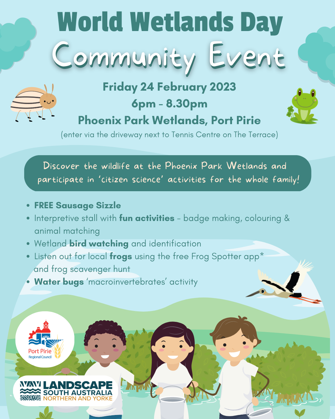 world wetlands day event flyer with three children in water collecting tadpoles along with images of bugs, frogs and bird