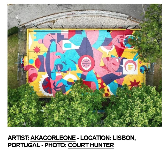 Basketball Court Mural in Lisbon, Portugal designed by artist Akacorleone and photographed by Court Hunter