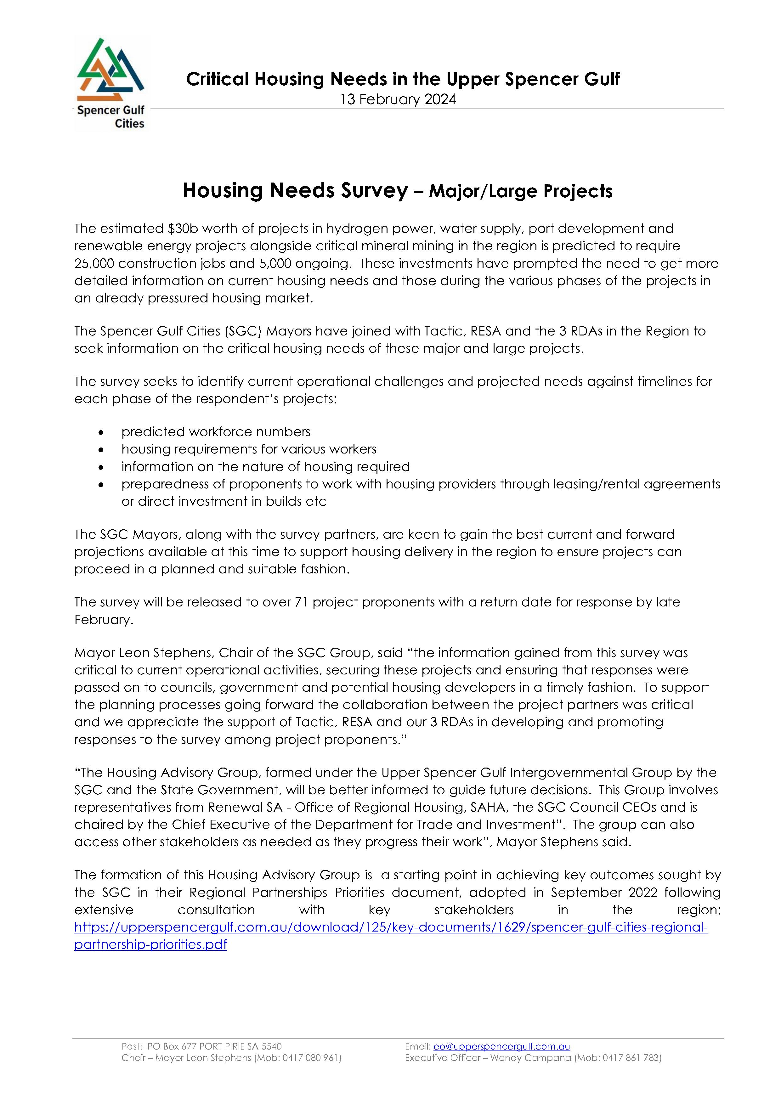 Page 1 of Media Release from Spencer Gulf Cities re Housing