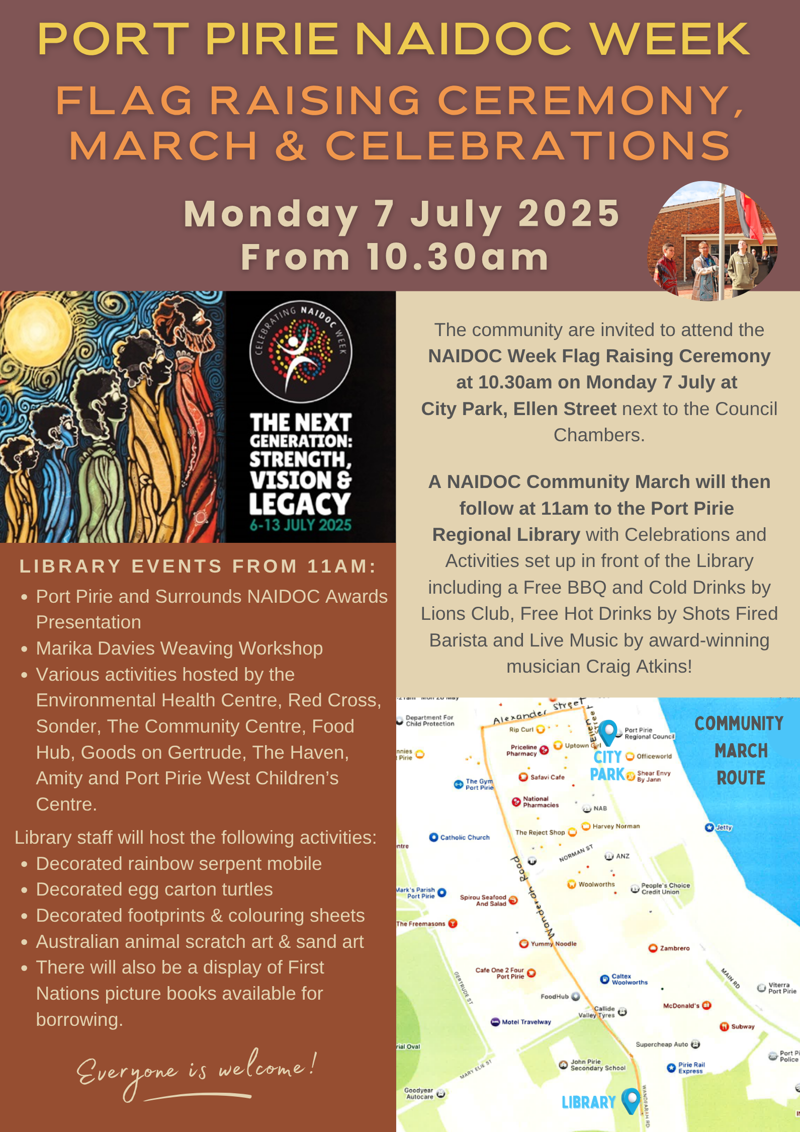 event flyer with image of aboriginal painting and a map showing the community march route