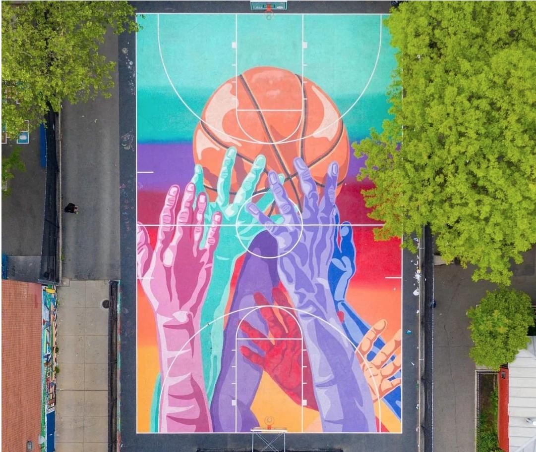 Basketball Court Mural in Brooklyn, USA designed by artist Madsteez and photographed by Court Hunter