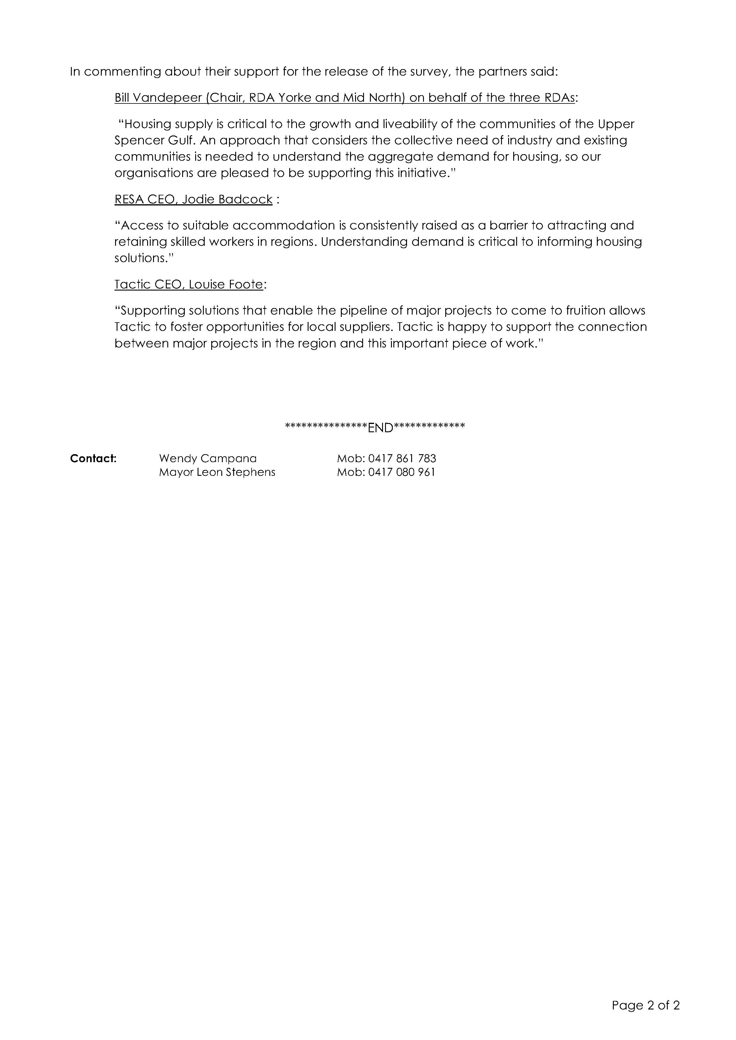 Page 2 of Media Release from Spencer Gulf Cities re Housing