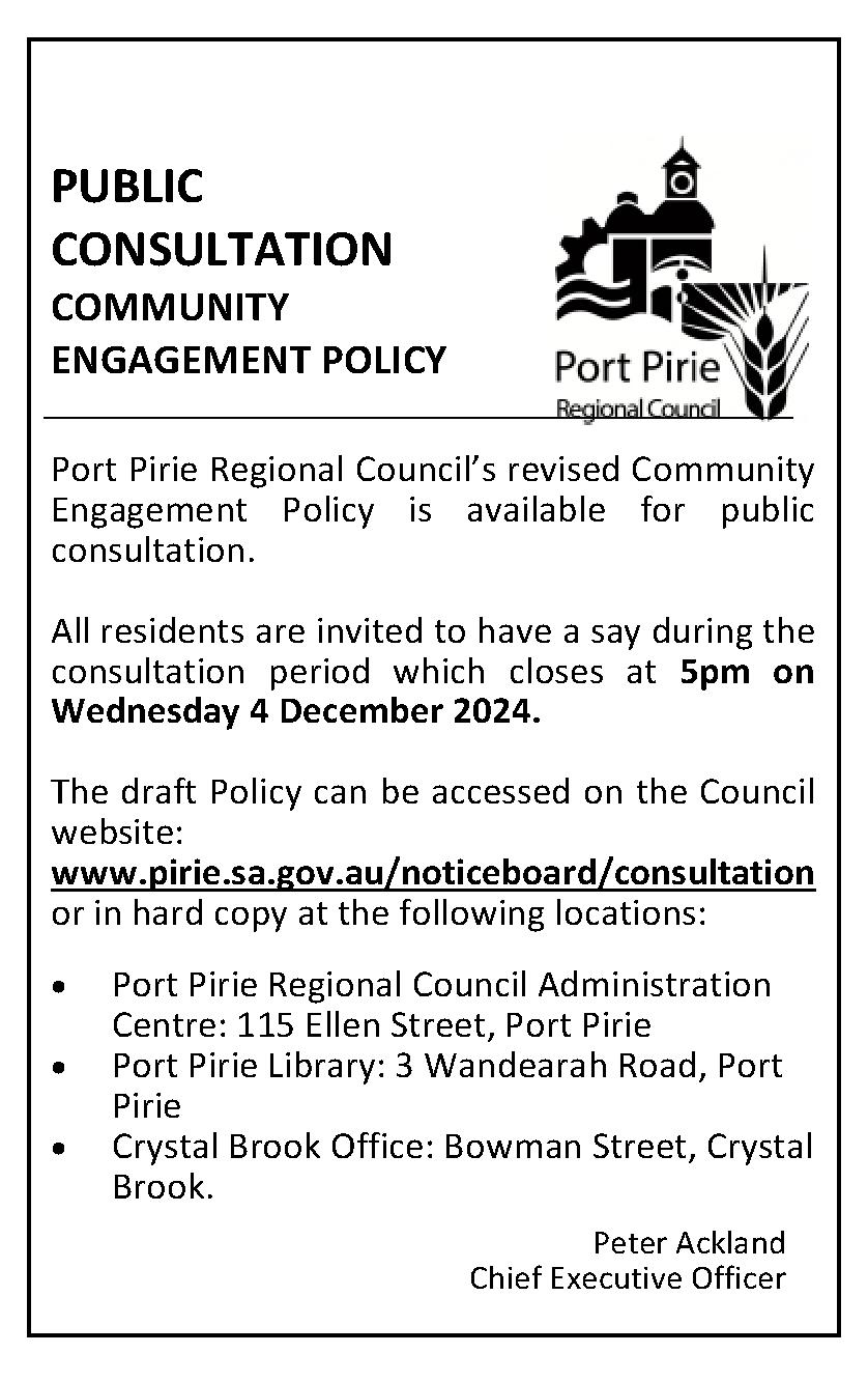 Public Notice for Public Consultation on Port Pirie Regional Council's Community Engagement Policy
