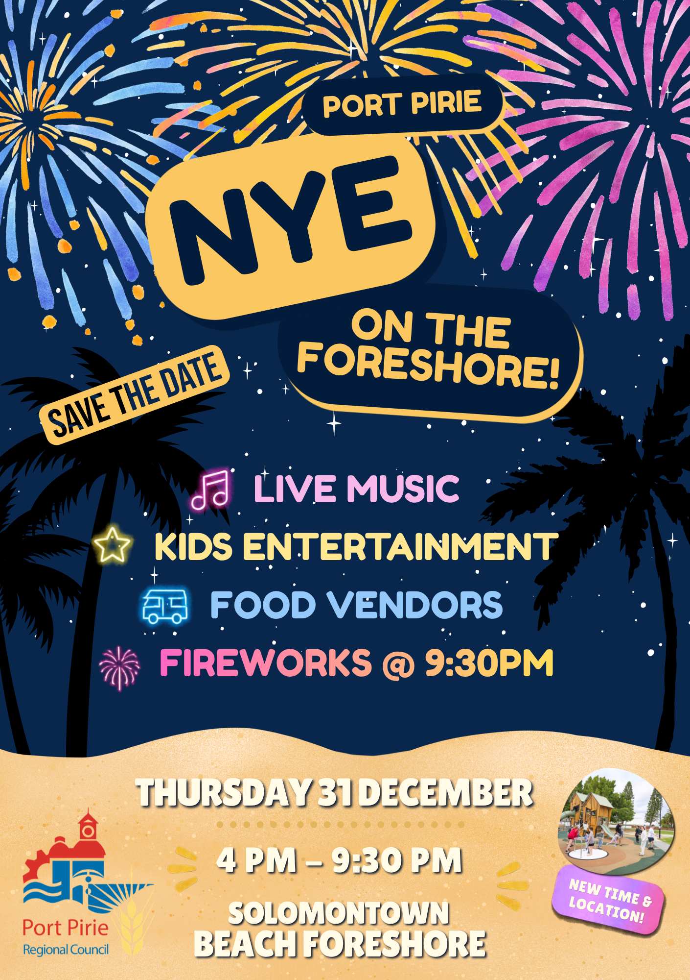 colourful flyer for Port Pirie New Years Eve Celebration including fireworks image and event details