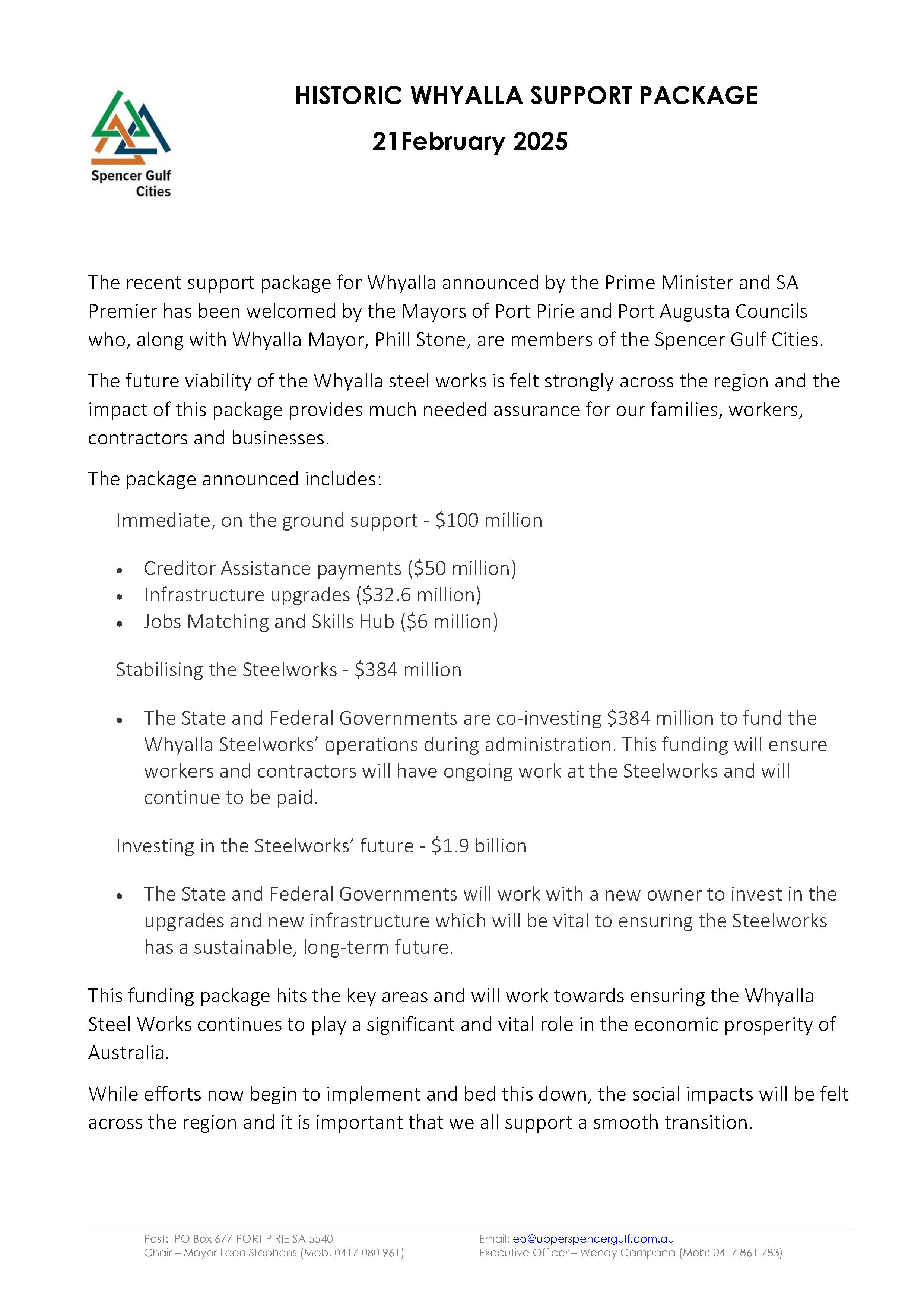 SGC Support Whyalla Support Package Media Release 1