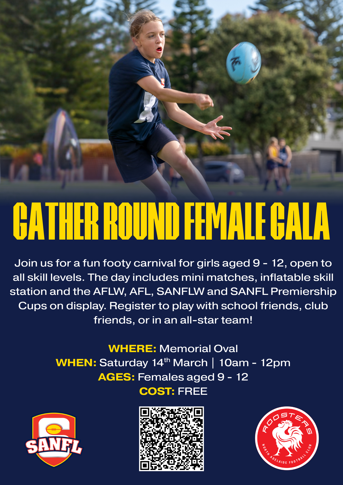 navy blue background with image of girl kicking football
