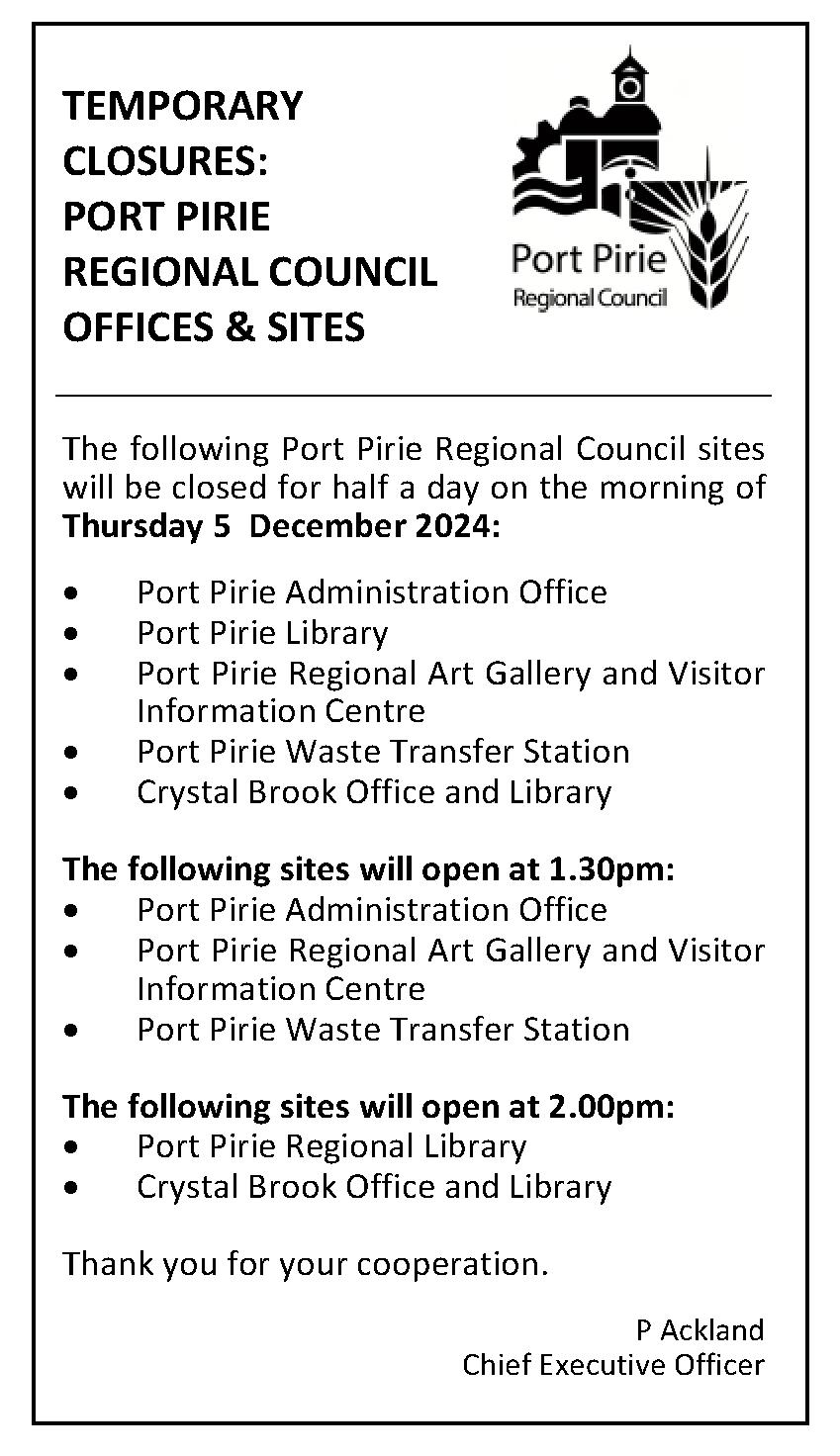 Public Notice for Temporary Council Site Closures on Thursday 5 December 2024