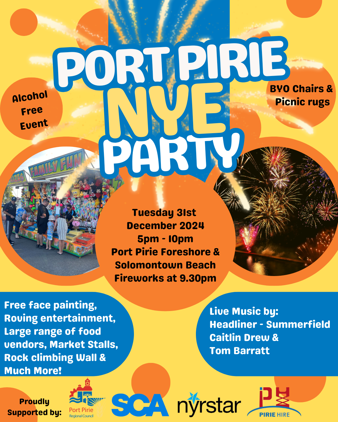 Poster promoting 2024 Port Pirie New Year's Eve Party at Port Pirie Foreshore