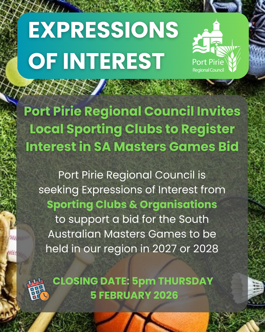 Masters Games EOI graphic with image of various sports in background