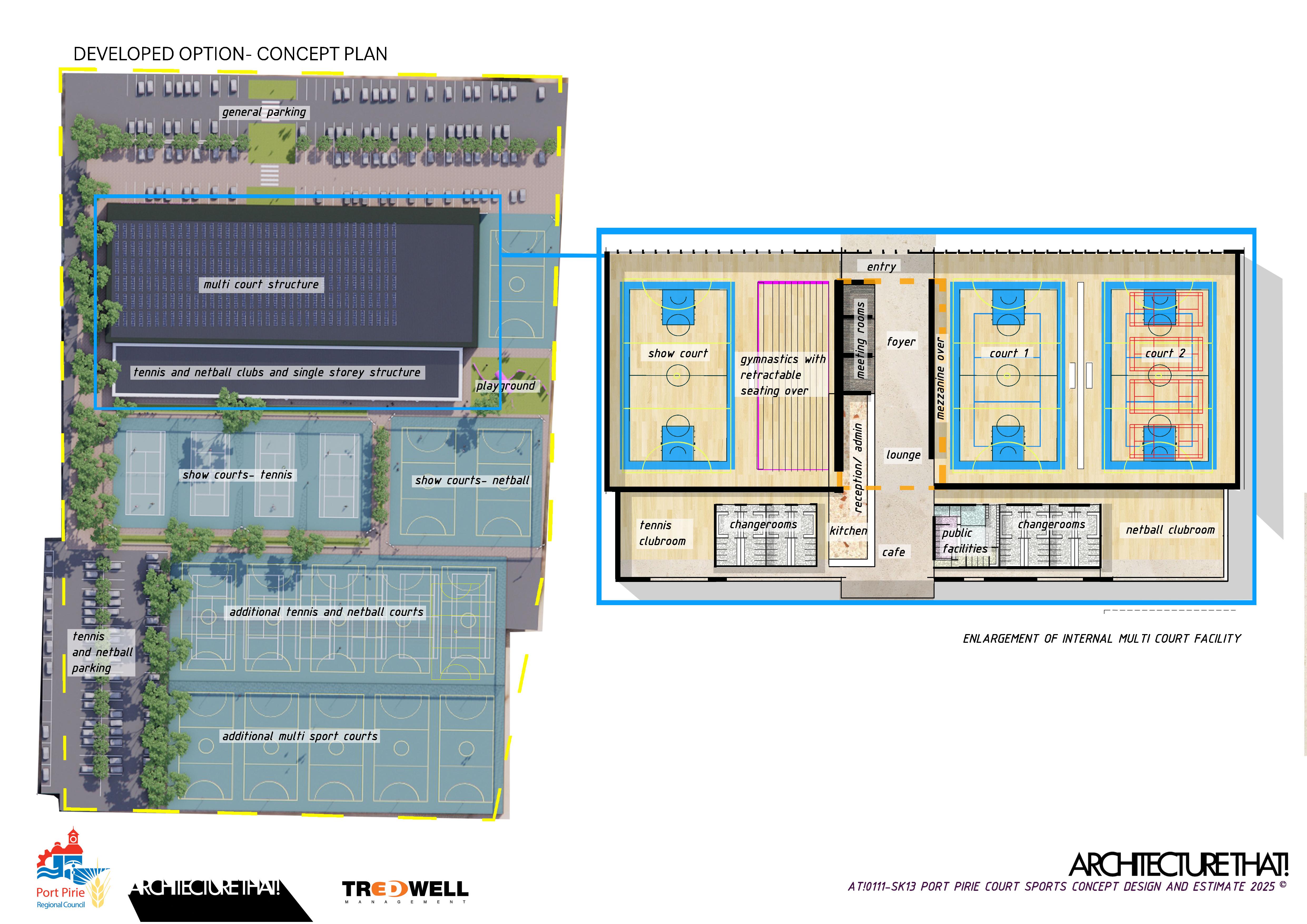 Initial Concept plan for proposed Port Pirie multi-use court sports facility showing proposed indoor and outdoor court structure