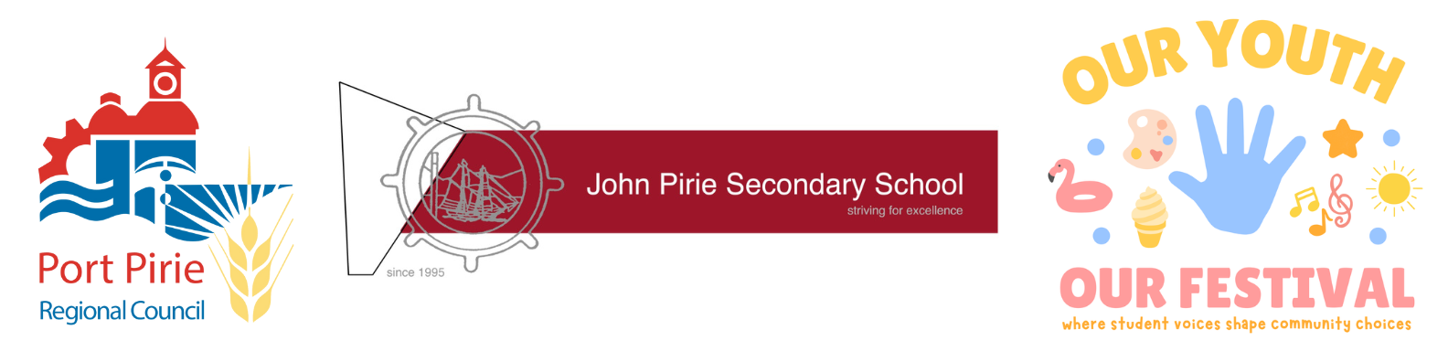 Banner with Port Pirie Regional Council, John Pirie Secondary School and Our Youth, Our Festival event logos