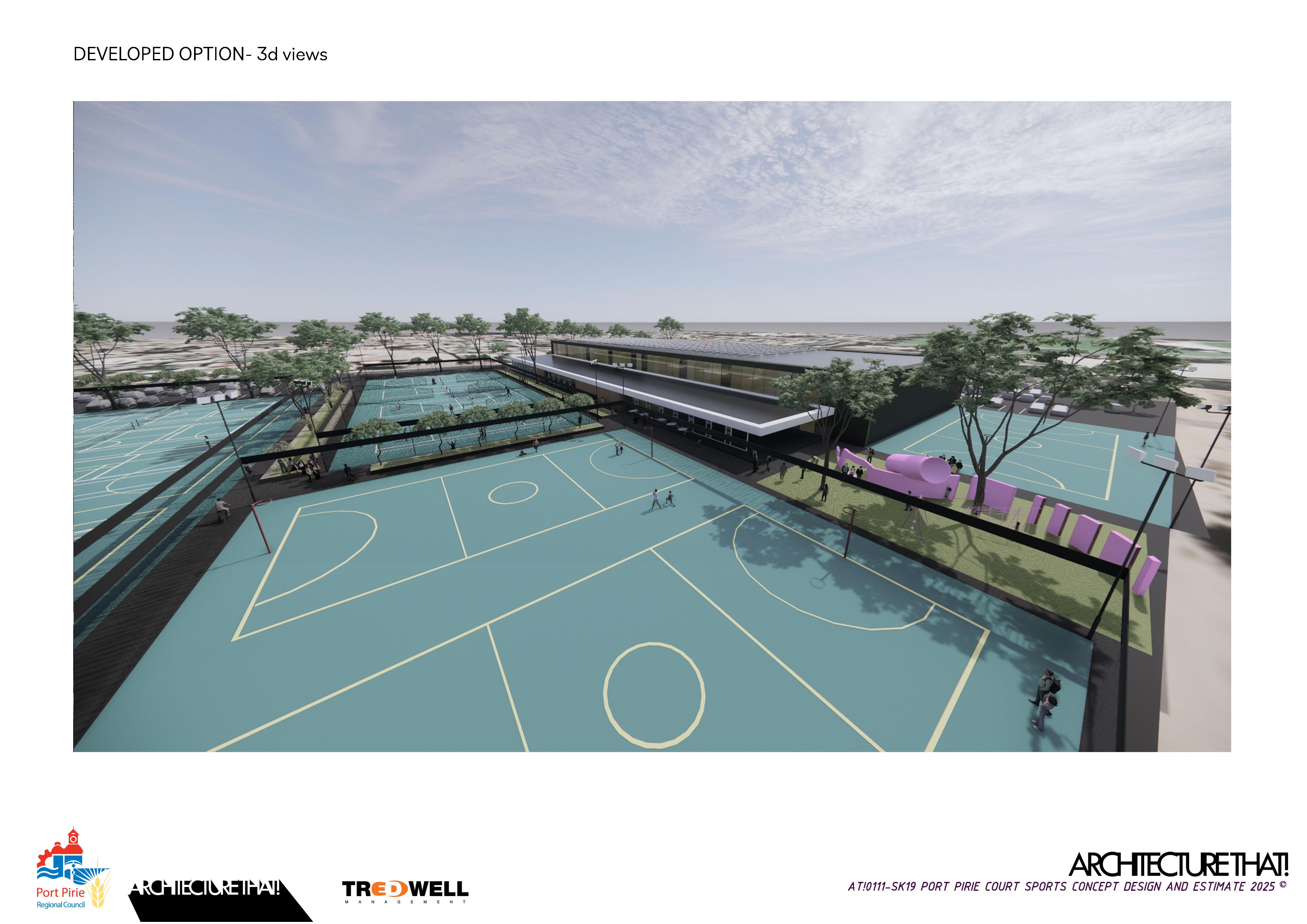 Initial Concept plan for proposed Port Pirie multi-use court sports facility showing aerial view of outdoor netball show courts
